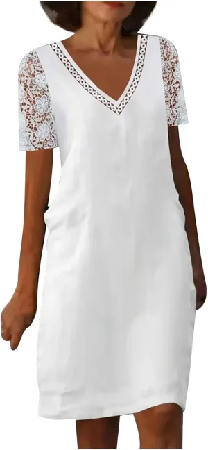 Women's Chic 2025 Summer Dress Short Sleeve V Neck Lace - Trimmed Refined Shift Mini Dresses for Casual Office Days