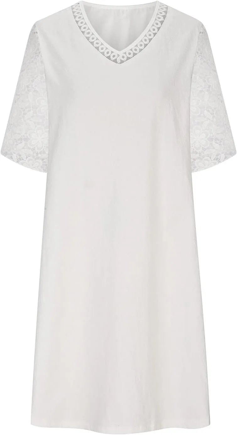 Women's Chic 2025 Summer Dress Short Sleeve V Neck Lace - Trimmed Refined Shift Mini Dresses for Casual Office Days