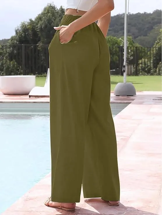 Women's Cotton and Linen Wide-Leg Drawstring Beach Pants High Waist Palazzo Trousers Loose Fit Pant with Pockets