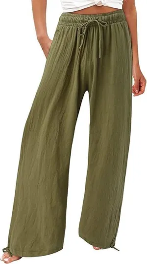 Women's Cotton and Linen Wide-Leg Drawstring Beach Pants High Waist Palazzo Trousers Loose Fit Pant with Pockets