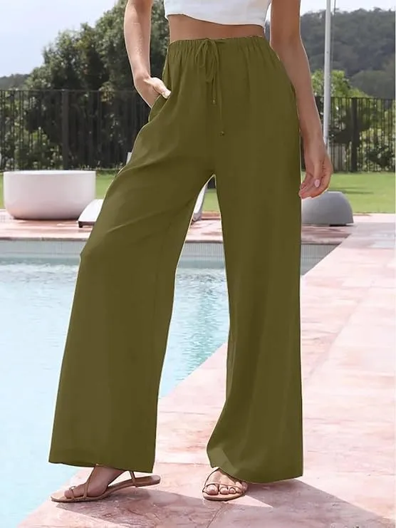 Women's Cotton and Linen Wide-Leg Drawstring Beach Pants High Waist Palazzo Trousers Loose Fit Pant with Pockets