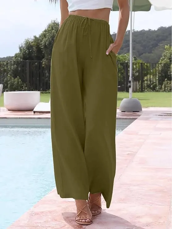 Women's Cotton and Linen Wide-Leg Drawstring Beach Pants High Waist Palazzo Trousers Loose Fit Pant with Pockets
