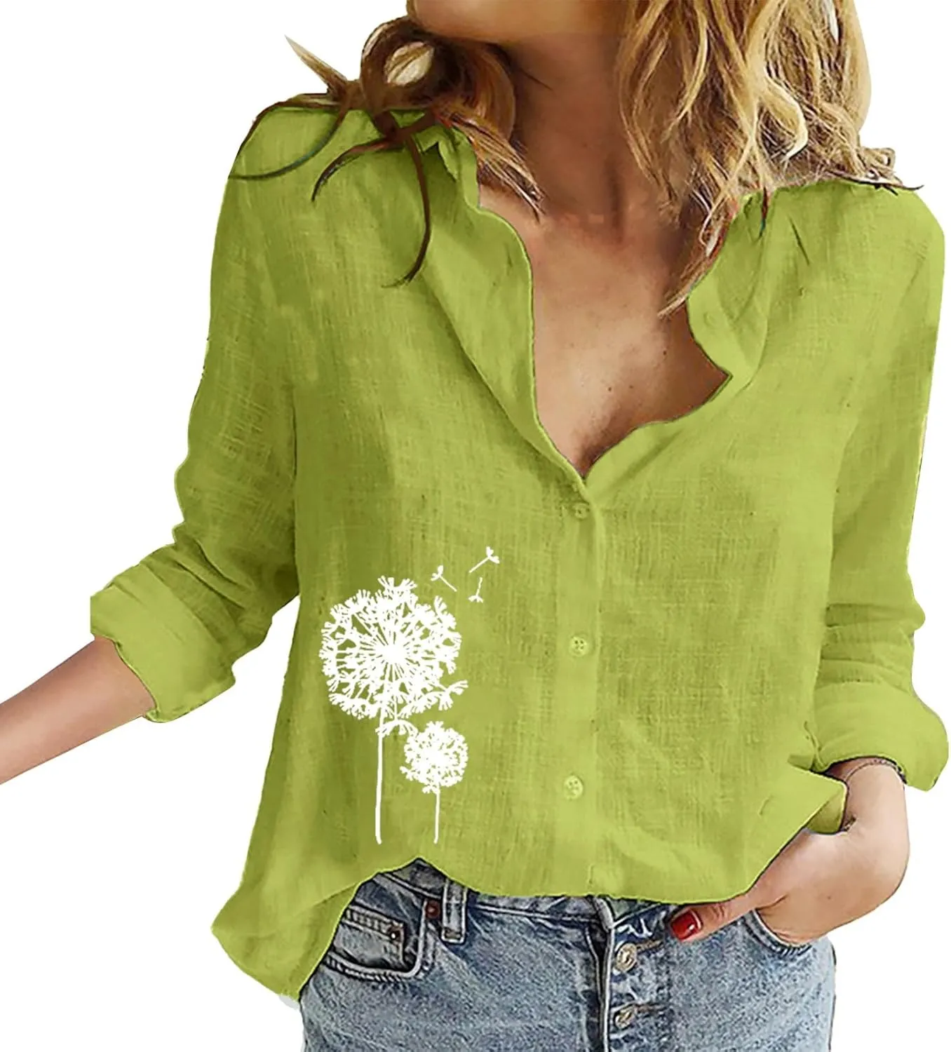 Womens Cotton Linen 3/4 Sleeve Length Y2K Tops Cute Graphic Tee Solid Color Button Down Shirts Oversized Tshirts for Women