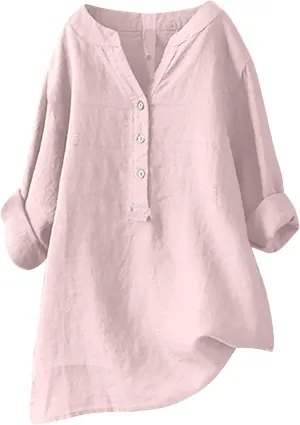 Womens Cotton Linen Button Down Long Shirts Summer Blouse Long Sleeve V Neck Loose Gauze Casual Beach Clothes