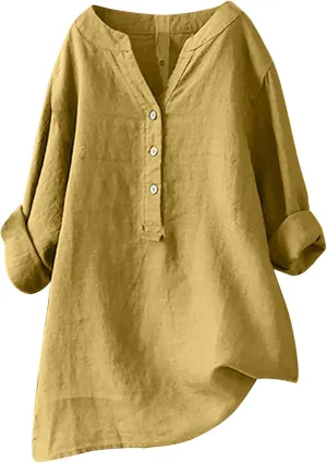 Womens Cotton Linen Button Down Long Shirts Summer Blouse Long Sleeve V Neck Loose Gauze Casual Beach Clothes