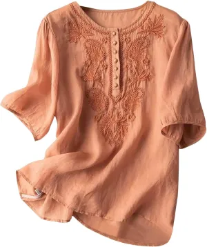 Womens Cotton Linen Button Top 3/4 Sleeve Shirts 2025 Spring Summer Casual Boho Tees Vintage Embroidered Blouse