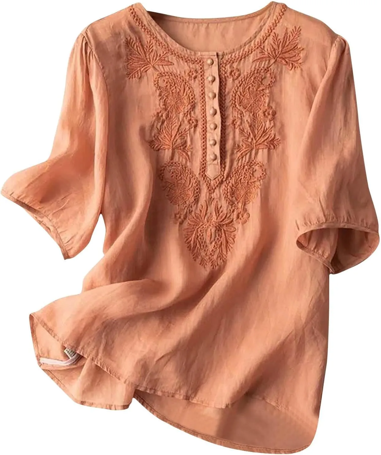 Womens Cotton Linen Button Top 3/4 Sleeve Shirts 2025 Spring Summer Casual Boho Tees Vintage Embroidered Blouse