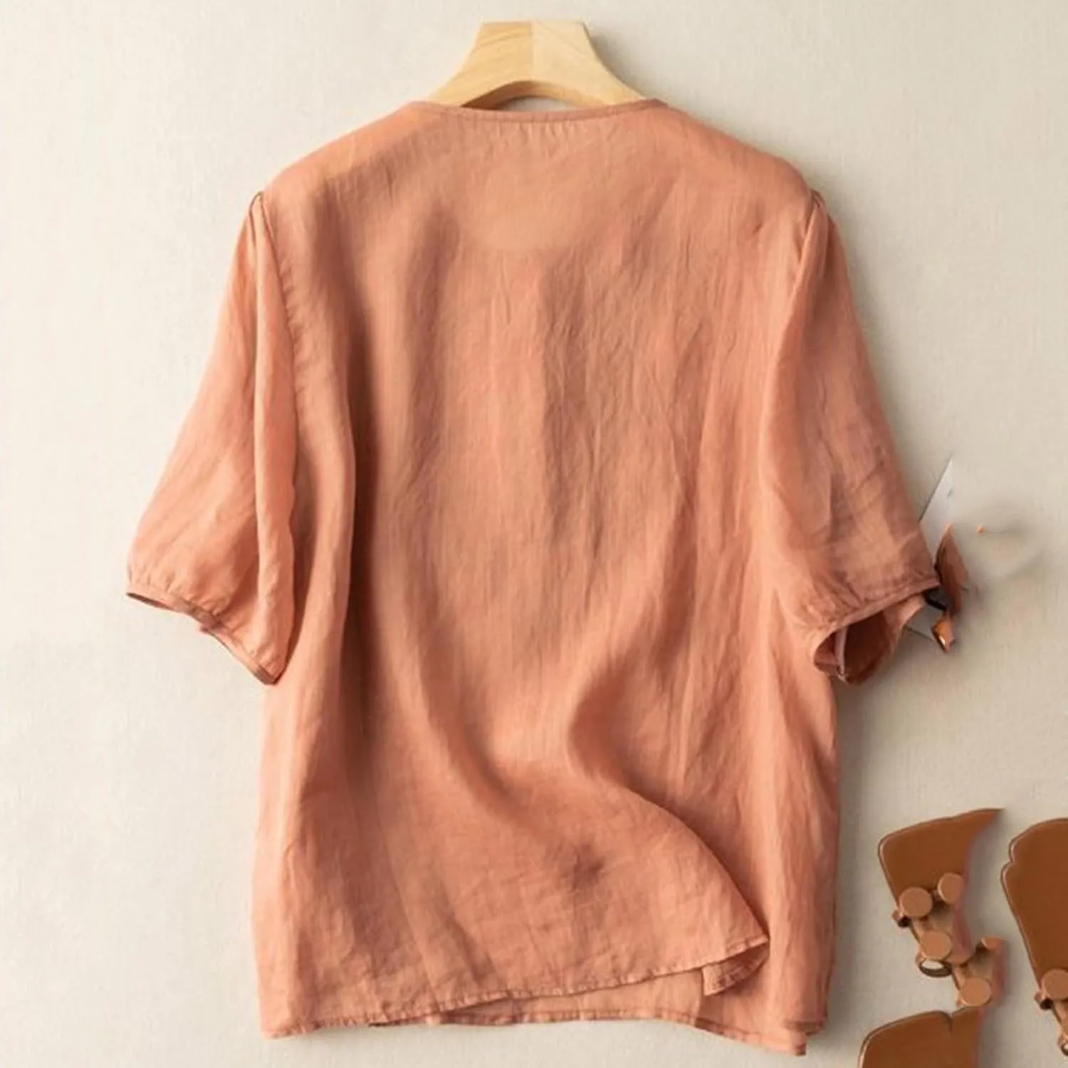 Womens Cotton Linen Button Top 3/4 Sleeve Shirts 2025 Spring Summer Casual Boho Tees Vintage Embroidered Blouse