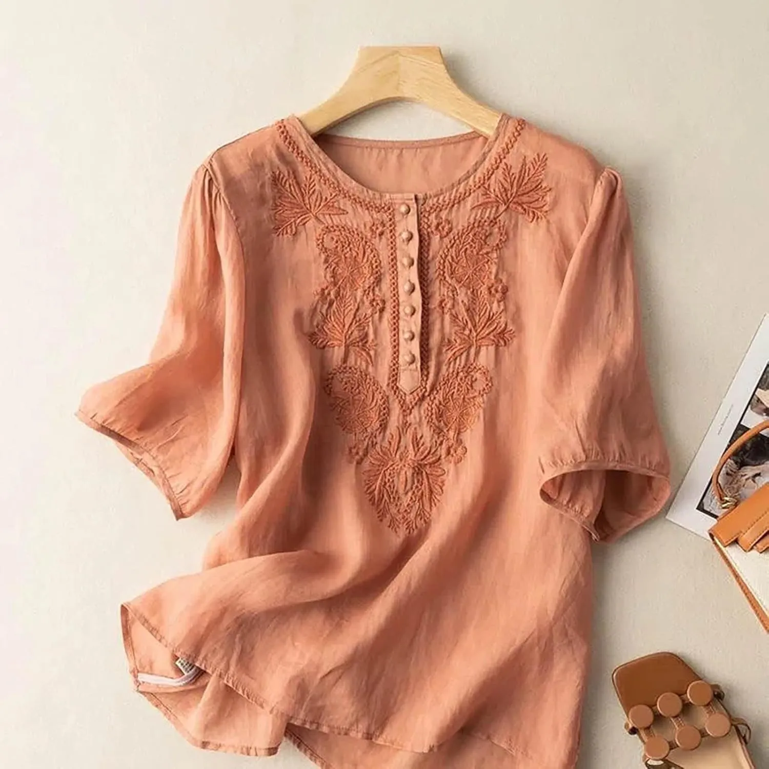 Womens Cotton Linen Button Top 3/4 Sleeve Shirts 2025 Spring Summer Casual Boho Tees Vintage Embroidered Blouse