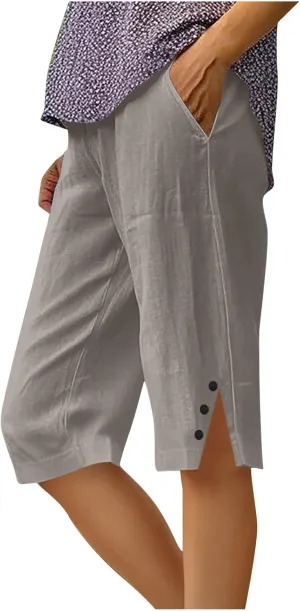 Women's Cotton Linen Capri Pants Wide Leg Knee Length Bermuda Shorts Cropped Lightweight Beach Trousers with Pockets