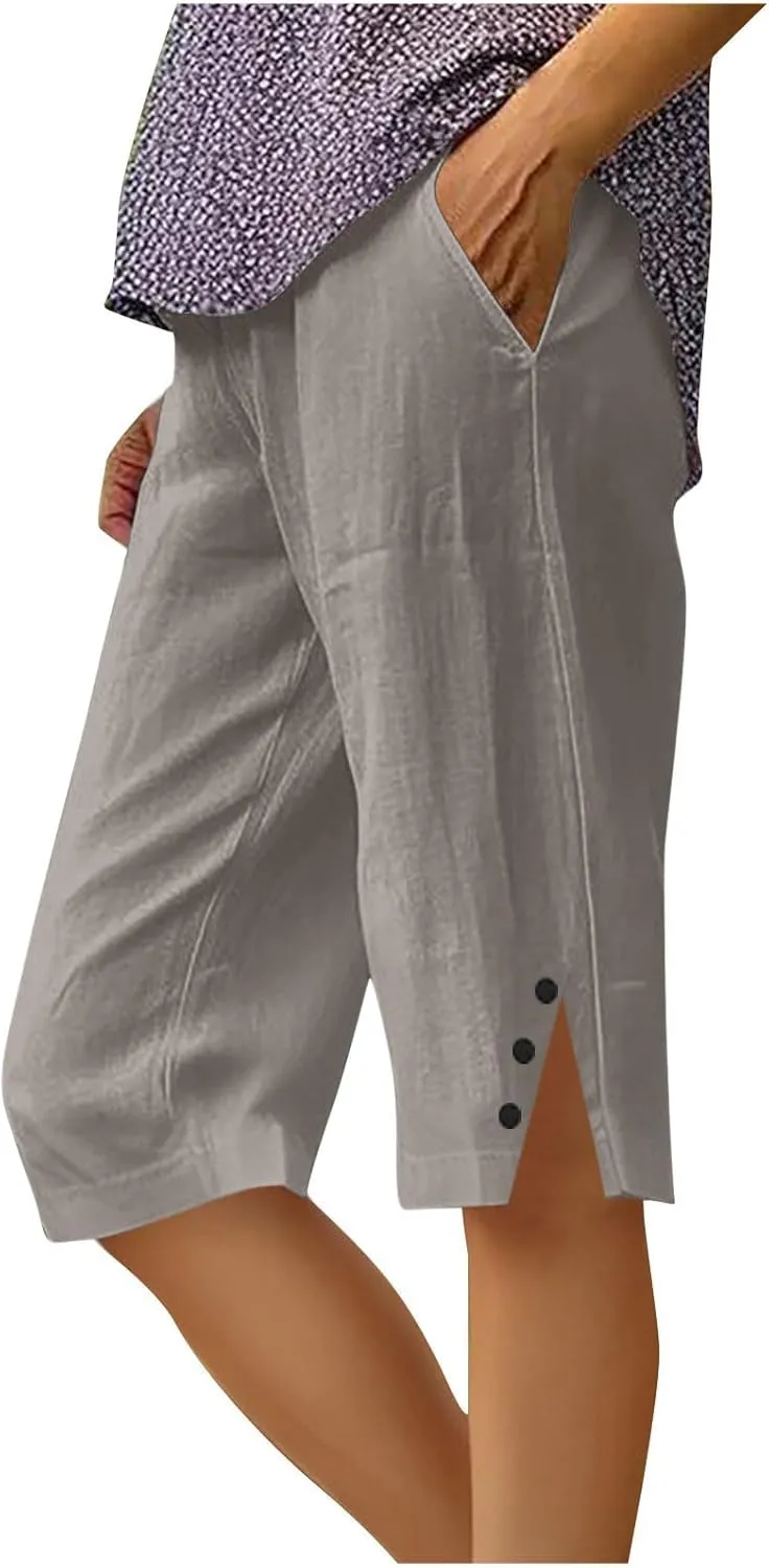 Women's Cotton Linen Capri Pants Wide Leg Knee Length Bermuda Shorts Cropped Lightweight Beach Trousers with Pockets