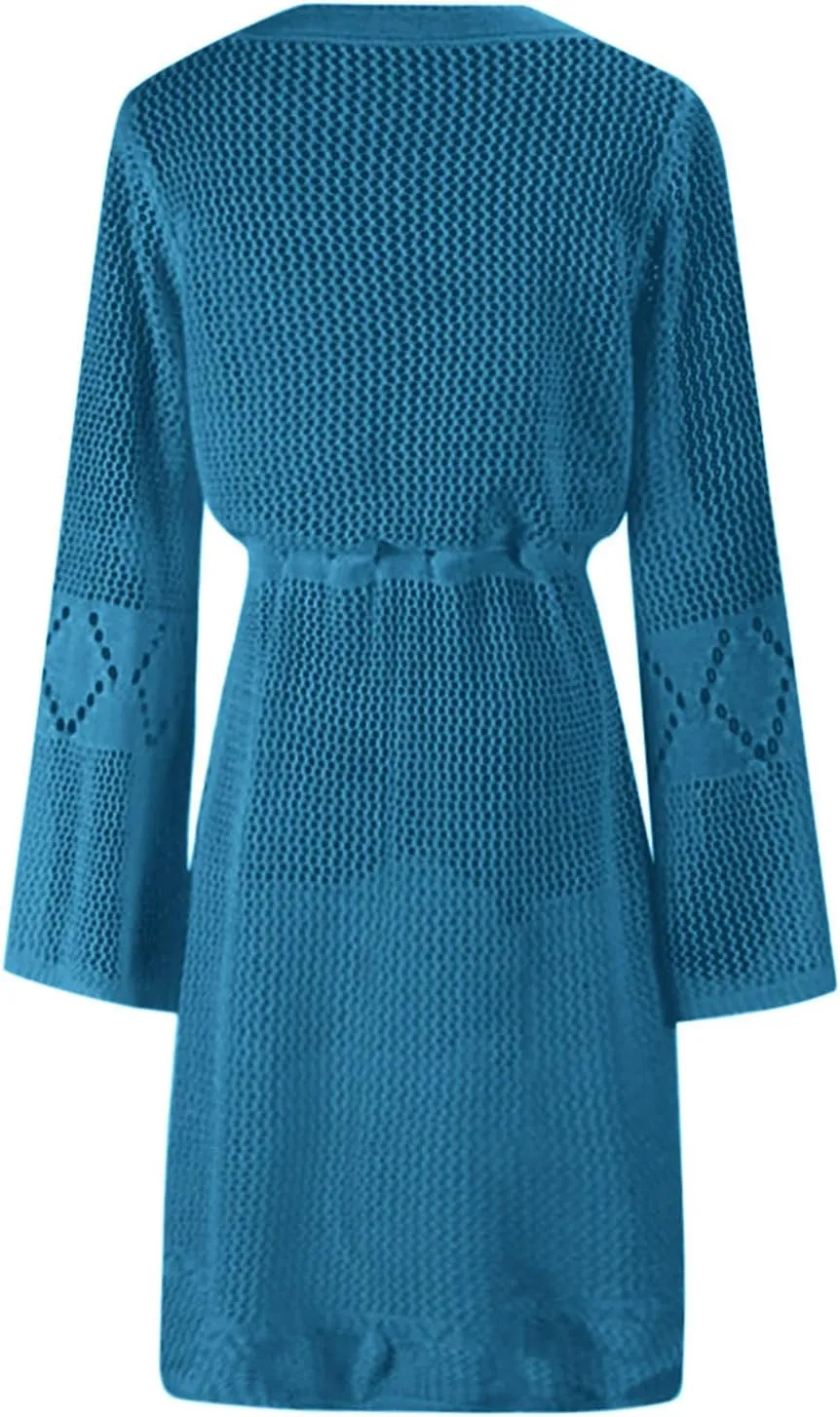 Women's Crochet Hollow Out Bathing Suit Cover Up V-Neck Swimwear Swimsuit Loose Drawstring Summer Beach Dress Beachwear