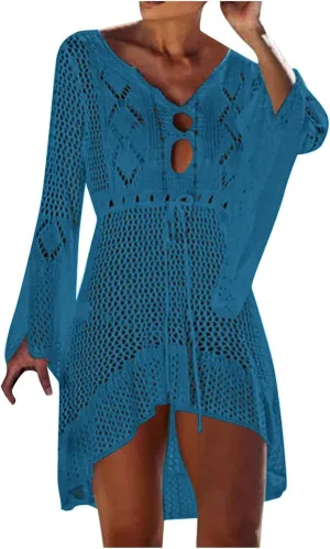 Women's Crochet Hollow Out Bathing Suit Cover Up V-Neck Swimwear Swimsuit Loose Drawstring Summer Beach Dress Beachwear