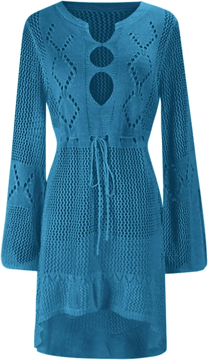 Women's Crochet Hollow Out Bathing Suit Cover Up V-Neck Swimwear Swimsuit Loose Drawstring Summer Beach Dress Beachwear