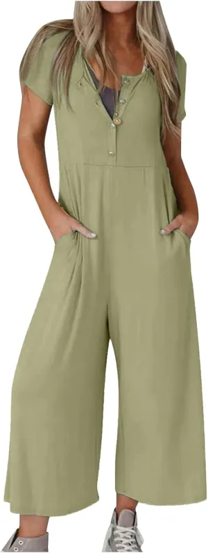 Womens Dress Jumpsuit Summer Casual Short Sleeve Button Down Rompers Wide Leg Beach Overalls with Pockets