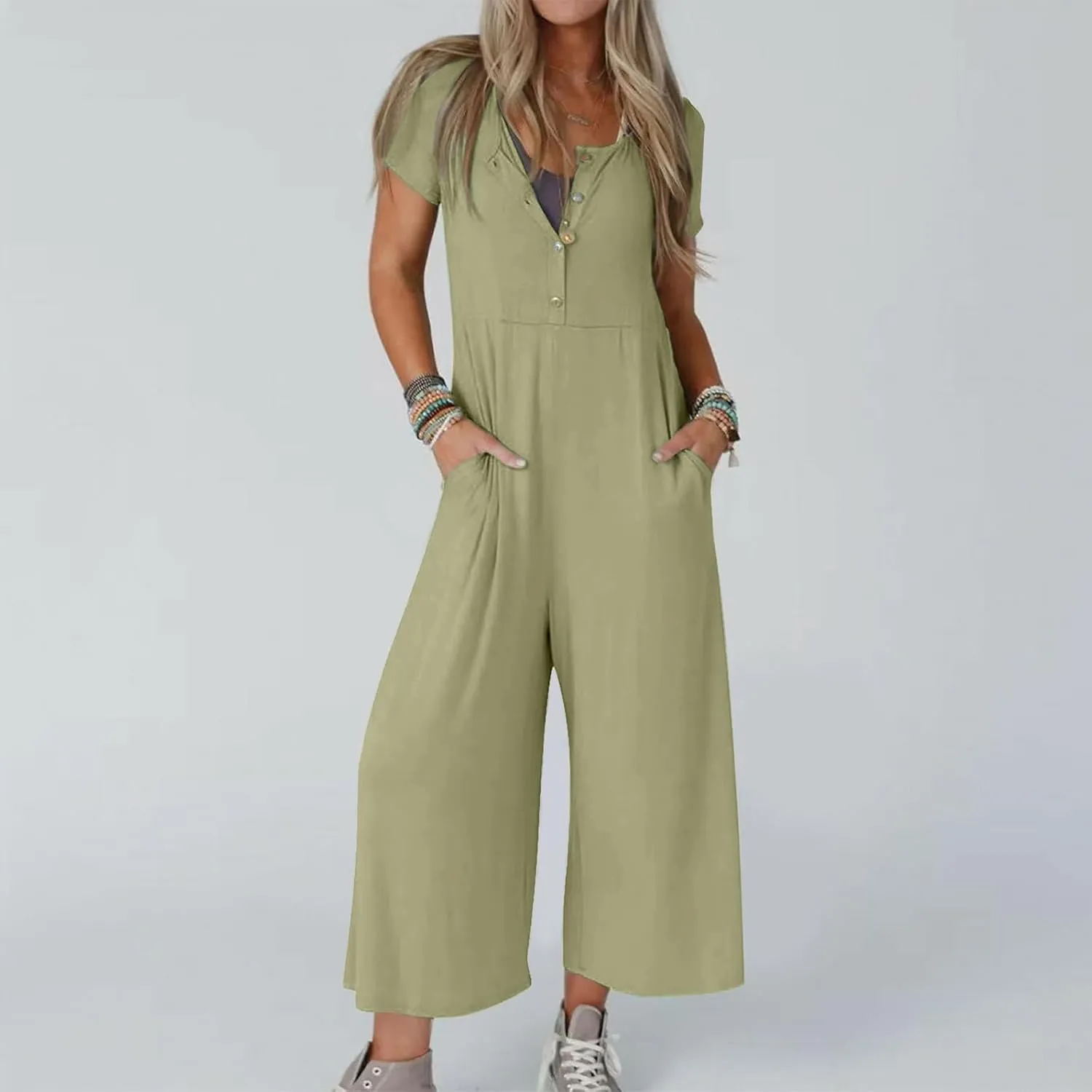 Womens Dress Jumpsuit Summer Casual Short Sleeve Button Down Rompers Wide Leg Beach Overalls with Pockets