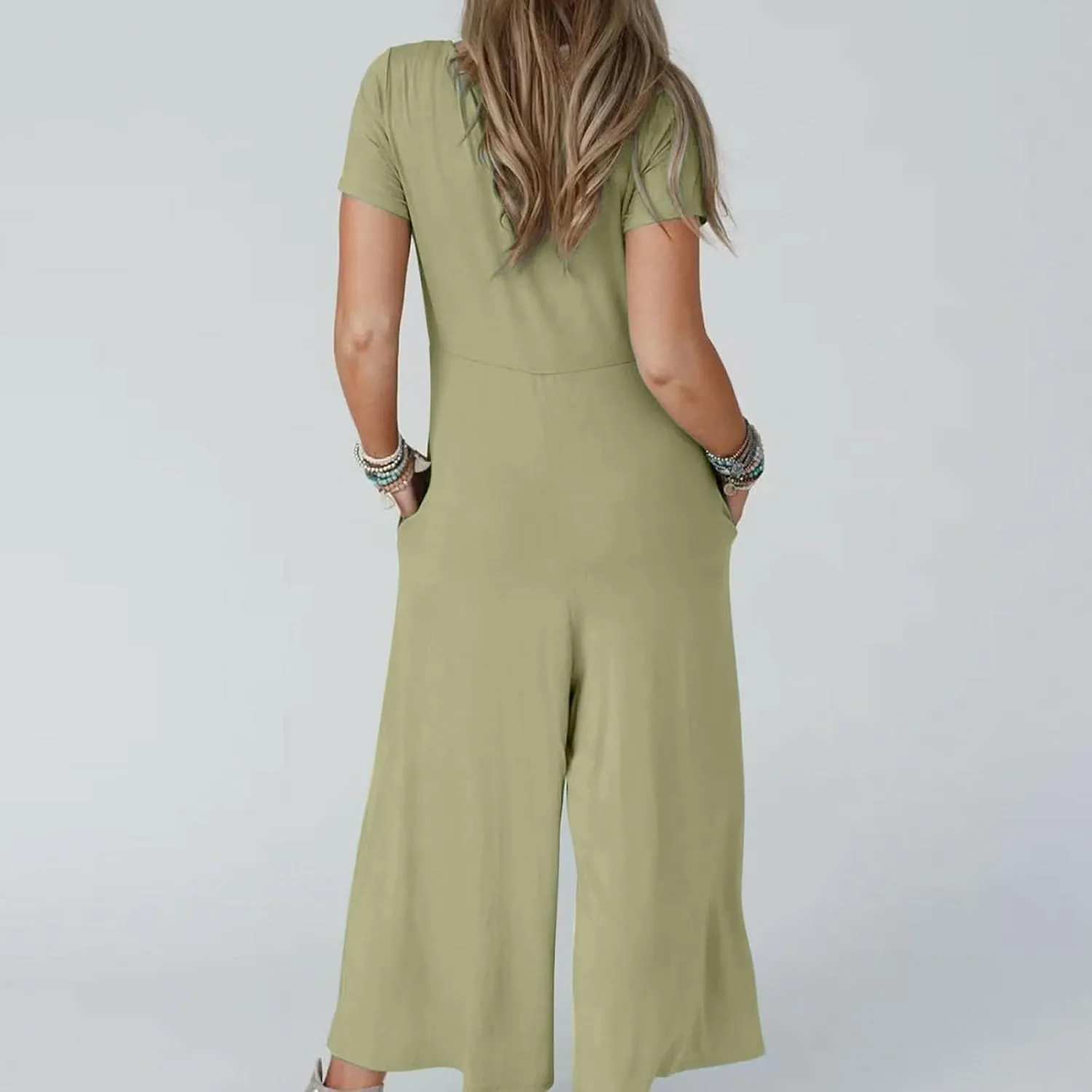 Womens Dress Jumpsuit Summer Casual Short Sleeve Button Down Rompers Wide Leg Beach Overalls with Pockets