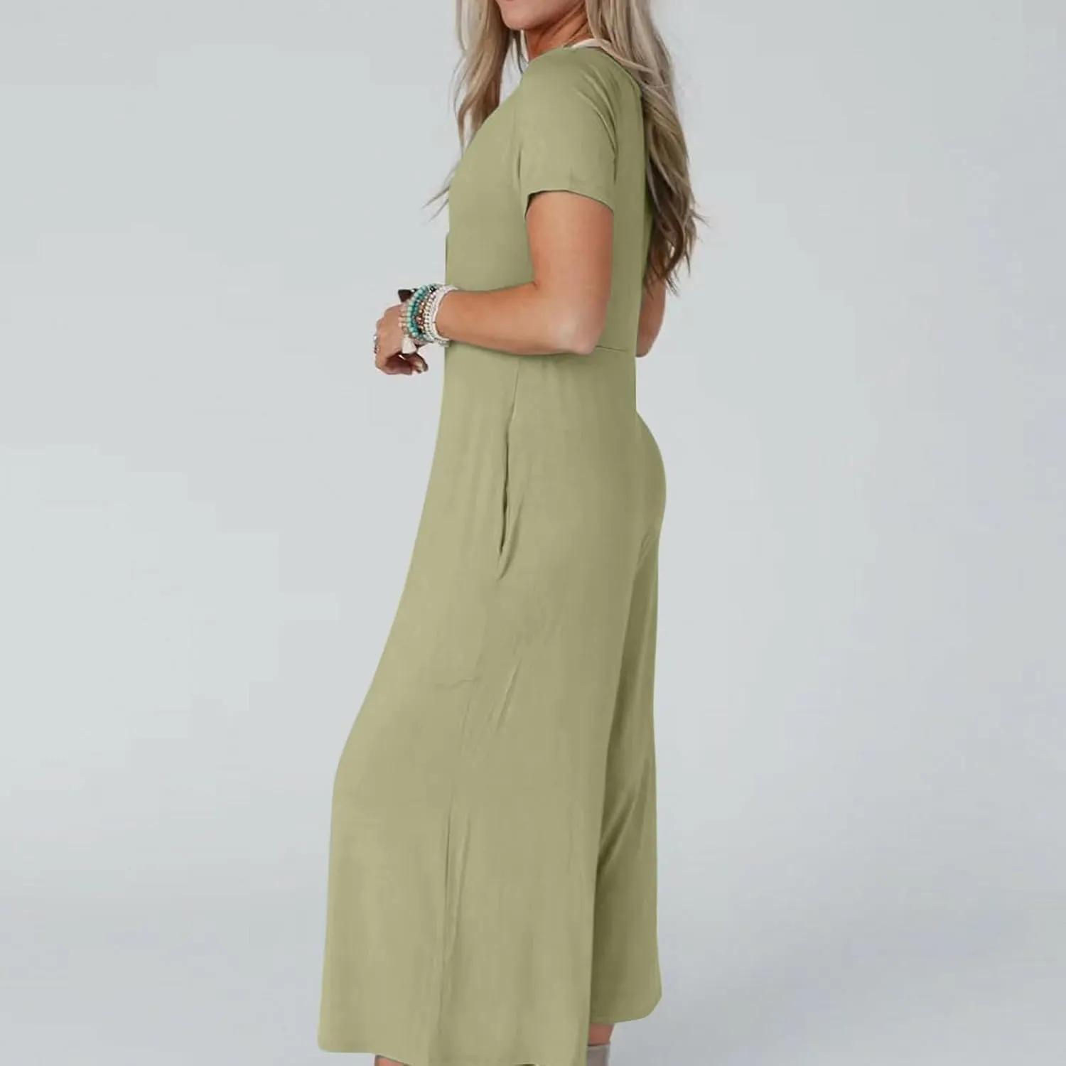 Womens Dress Jumpsuit Summer Casual Short Sleeve Button Down Rompers Wide Leg Beach Overalls with Pockets