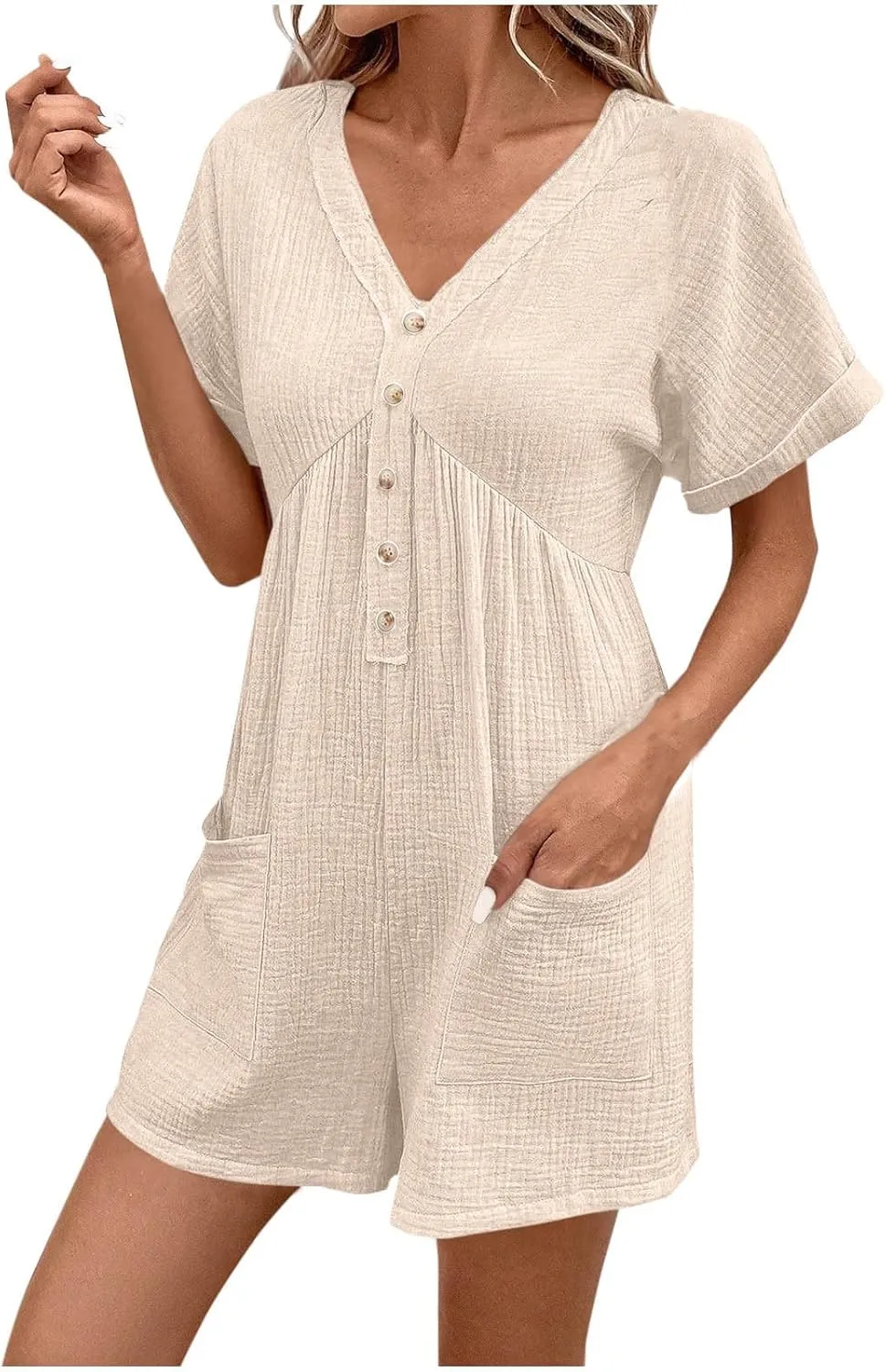 Womens Dress Jumpsuit Summer Casual short Sleeve romper with Button Down Shorts Rompers Beach Overalls with Pockets