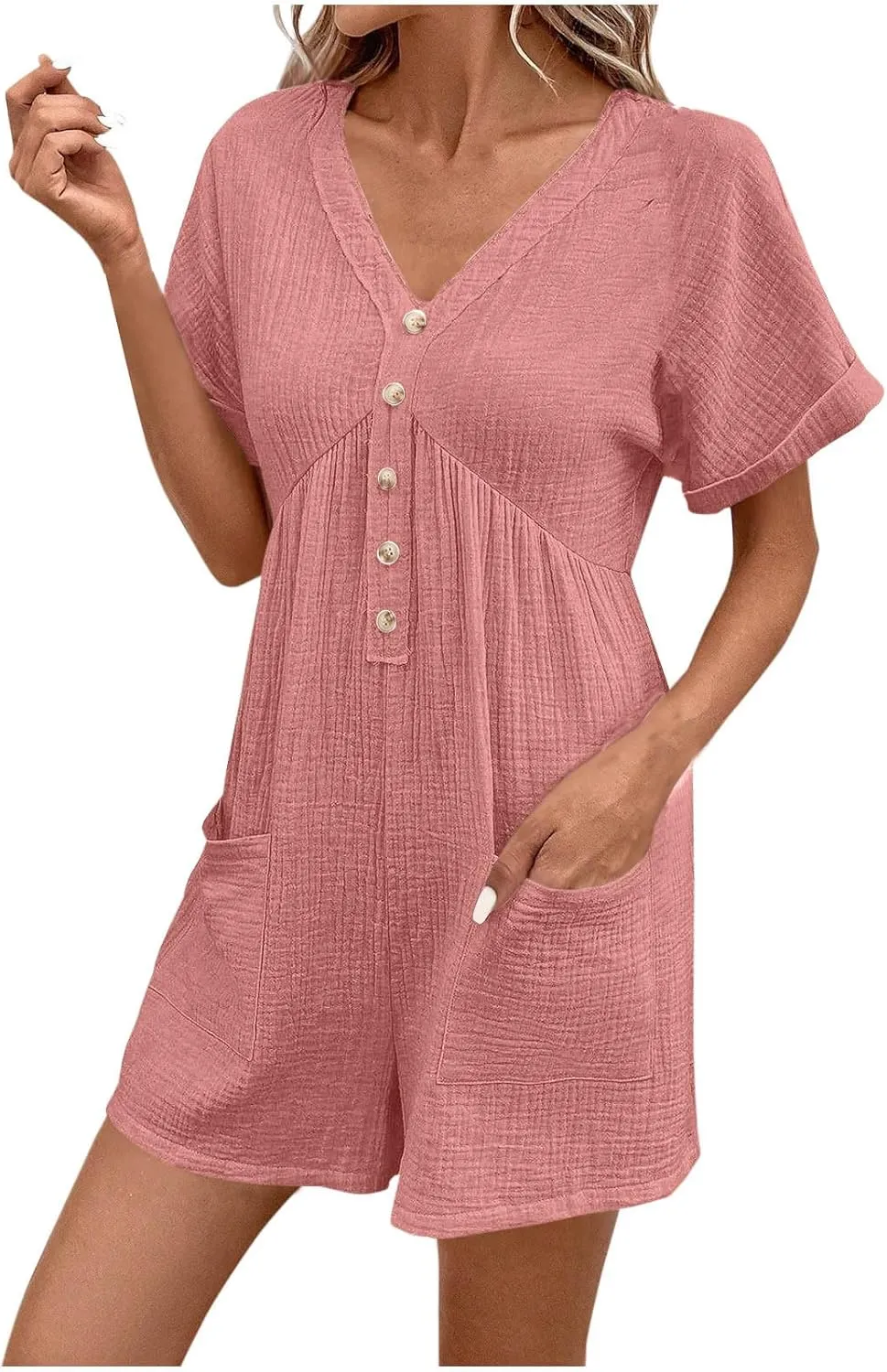 Womens Dress Jumpsuit Summer Casual short Sleeve romper with Button Down Shorts Rompers Beach Overalls with Pockets