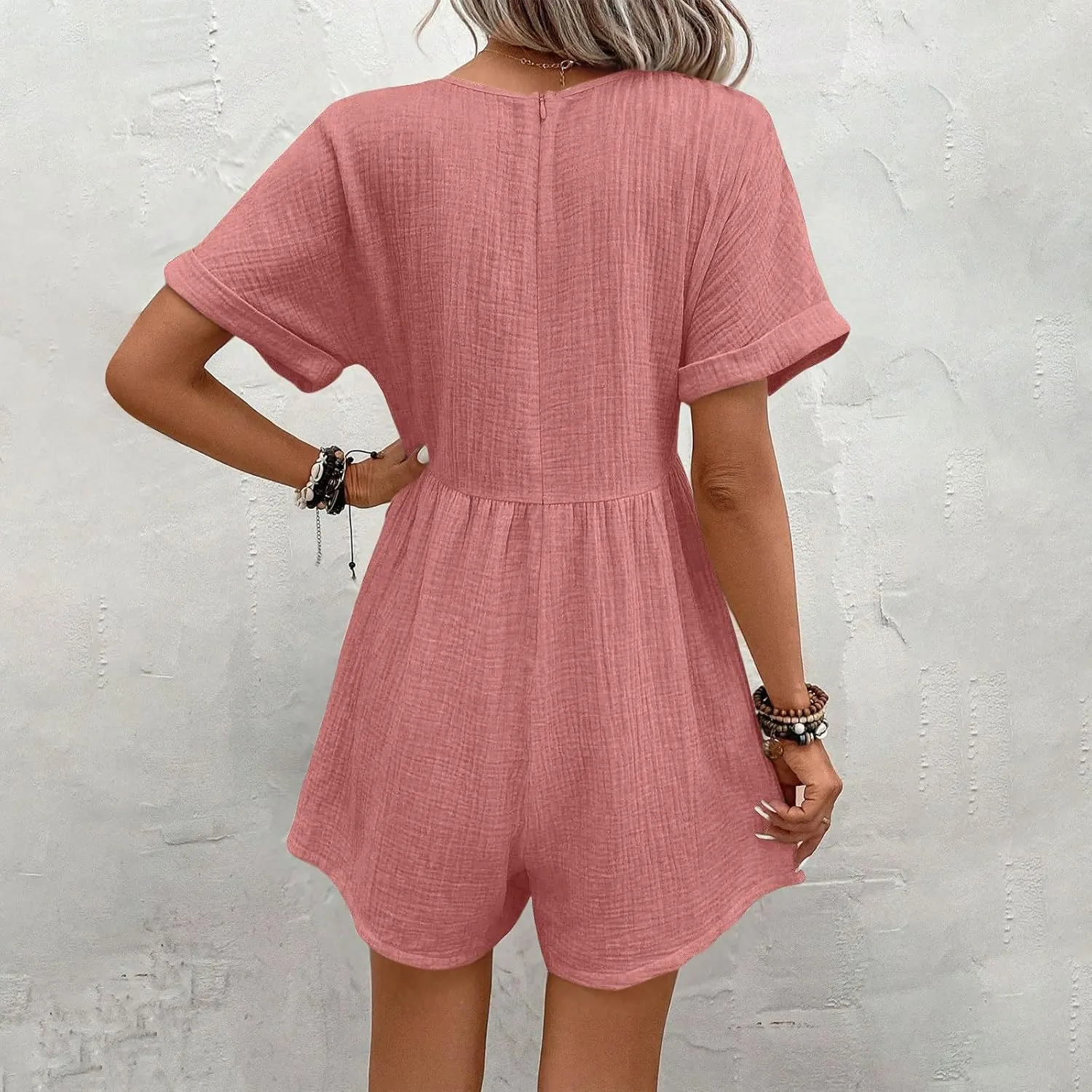 Womens Dress Jumpsuit Summer Casual short Sleeve romper with Button Down Shorts Rompers Beach Overalls with Pockets
