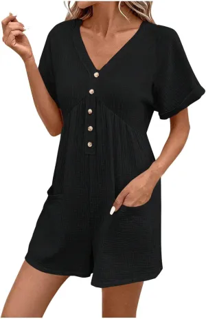 Womens Dress Jumpsuit Summer Casual short Sleeve romper with Button Down Shorts Rompers Beach Overalls with Pockets