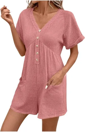 Womens Dress Jumpsuit Summer Casual short Sleeve romper with Button Down Shorts Rompers Beach Overalls with Pockets