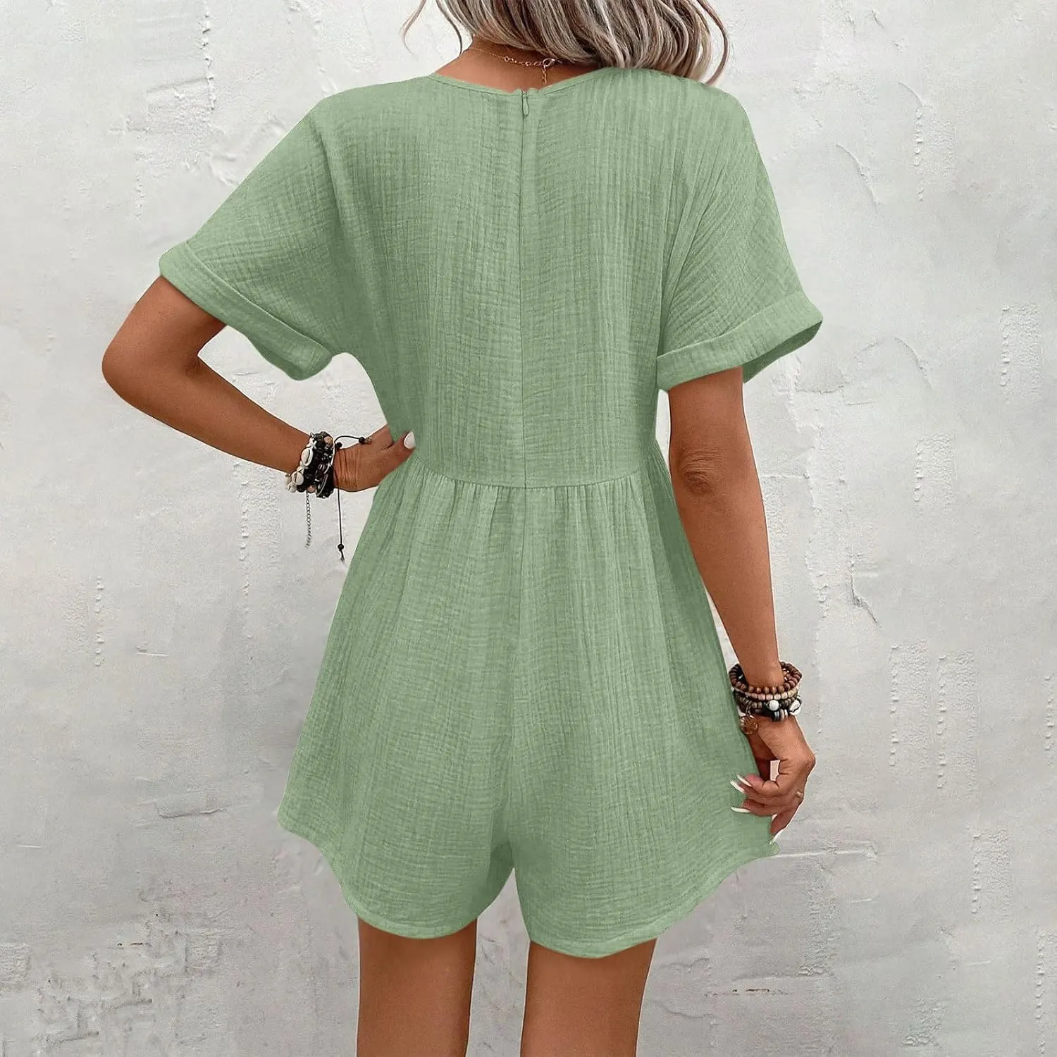 Womens Dress Jumpsuit Summer Casual short Sleeve romper with Button Down Shorts Rompers Beach Overalls with Pockets