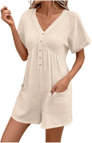 Womens Dress Jumpsuit Summer Casual short Sleeve romper with Button Down Shorts Rompers Beach Overalls with Pockets