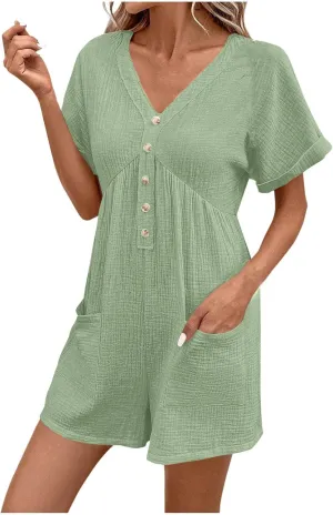 Womens Dress Jumpsuit Summer Casual short Sleeve romper with Button Down Shorts Rompers Beach Overalls with Pockets