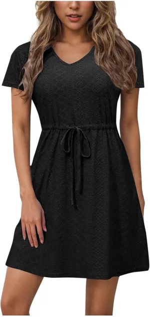 Womens Dresses 2025 Summer Vacation Dress Casual Tie Waist Eyelet Sundress Short Sleeve Crew Neck Boho Beachwear