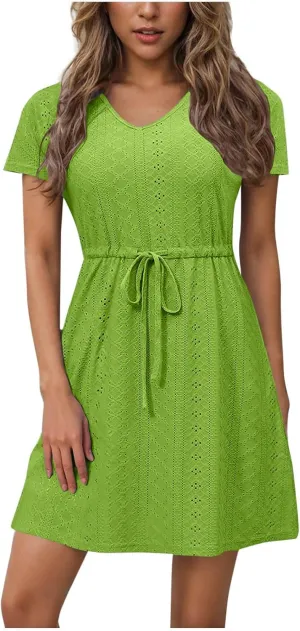 Womens Dresses 2025 Summer Vacation Dress Casual Tie Waist Eyelet Sundress Short Sleeve Crew Neck Boho Beachwear