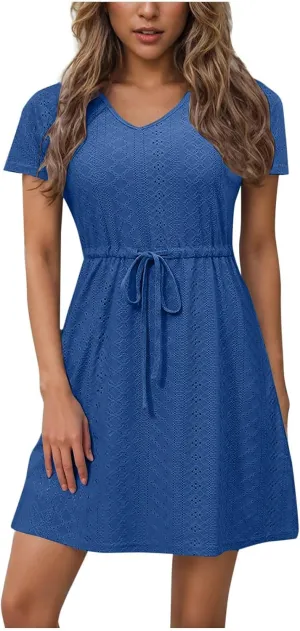 Womens Dresses 2025 Summer Vacation Dress Casual Tie Waist Eyelet Sundress Short Sleeve Crew Neck Boho Beachwear