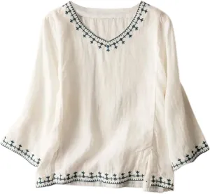 Womens Embroidered Shirt V Neck Long Sleeve Cotton Linen Summer Casual Dressy Blouse Tops Loose Tshirt