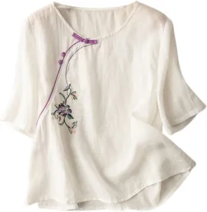 Womens Embroidered Shirt V Neck Long Sleeve Cotton Linen Summer Casual Dressy Blouse Tops Loose Tshirt