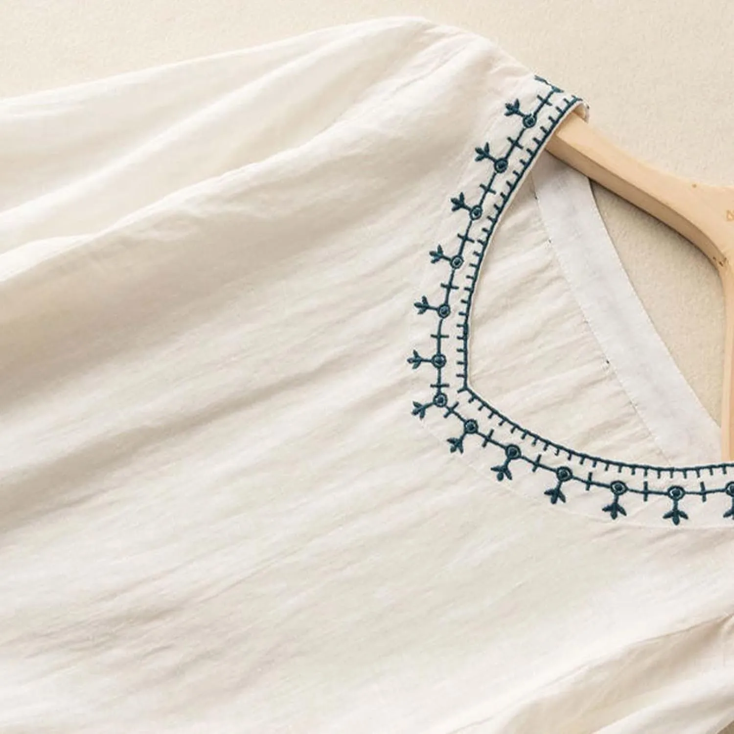 Womens Embroidered Shirt V Neck Long Sleeve Cotton Linen Summer Casual Dressy Blouse Tops Loose Tshirt