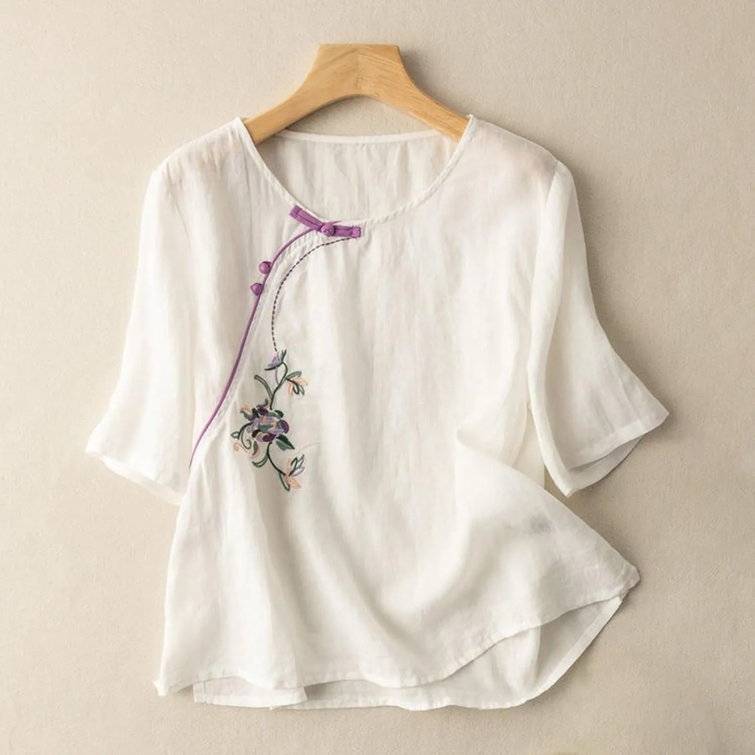 Womens Embroidered Shirt V Neck Long Sleeve Cotton Linen Summer Casual Dressy Blouse Tops Loose Tshirt