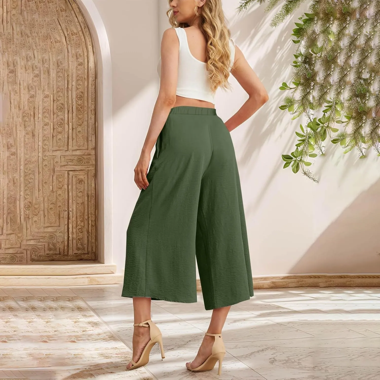 Womens Flowy Linen Pants with Pockets Casual Palazzo Trousers for Women Ladies Wide Leg Beach Loose Capris Flare Pant