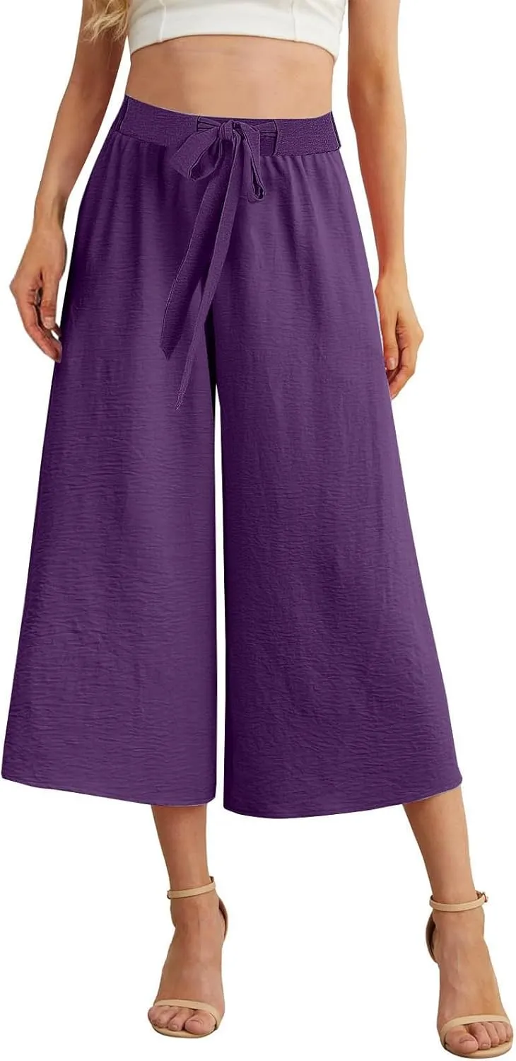 Womens Flowy Linen Pants with Pockets Casual Palazzo Trousers for Women Ladies Wide Leg Beach Loose Capris Flare Pant