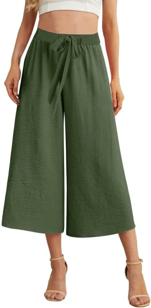 Womens Flowy Linen Pants with Pockets Casual Palazzo Trousers for Women Ladies Wide Leg Beach Loose Capris Flare Pant