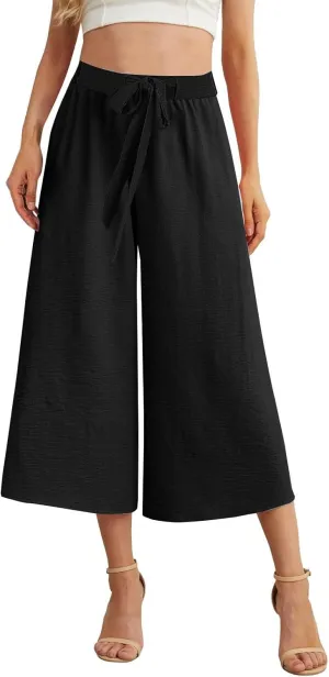 Womens Flowy Linen Pants with Pockets Casual Palazzo Trousers for Women Ladies Wide Leg Beach Loose Capris Flare Pant