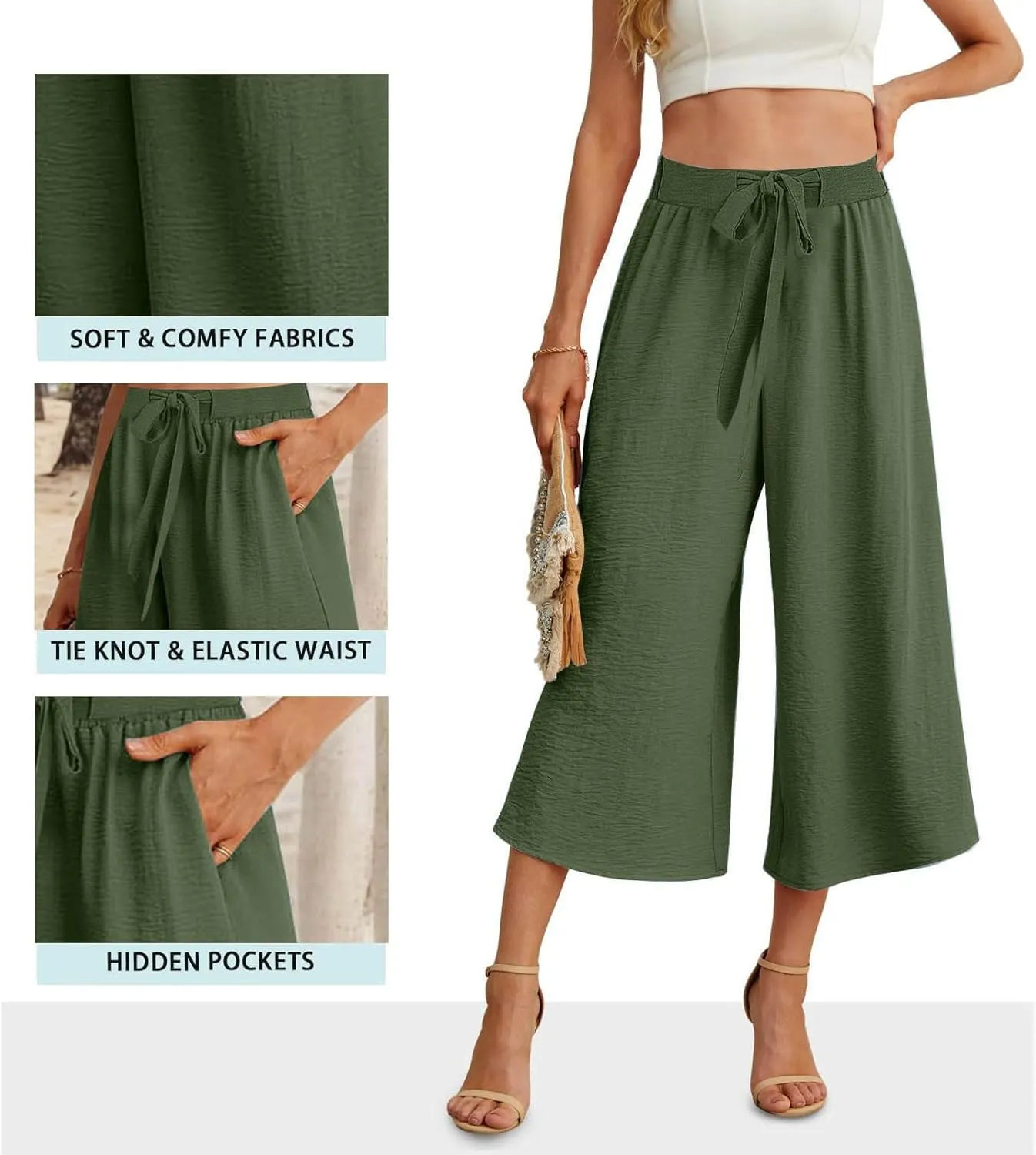 Womens Flowy Linen Pants with Pockets Casual Palazzo Trousers for Women Ladies Wide Leg Beach Loose Capris Flare Pant