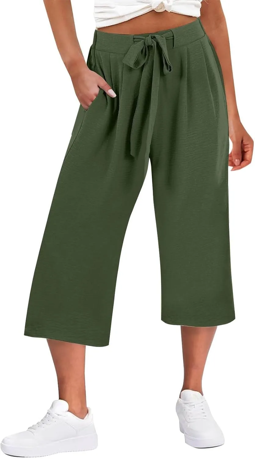 Womens Flowy Linen Pants with Pockets Casual Palazzo Trousers for Women Ladies Wide Leg Beach Loose Capris Flare Pant