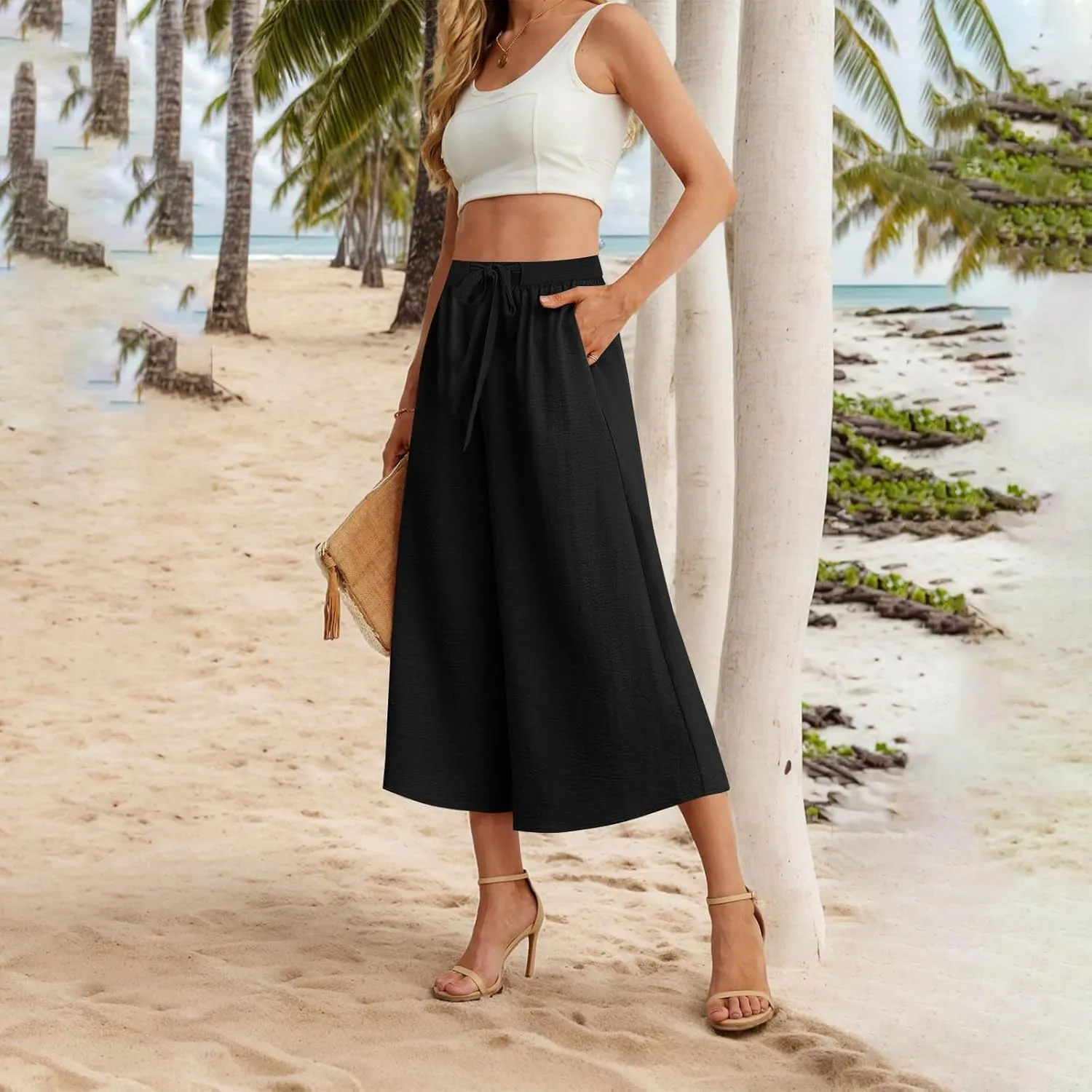Womens Flowy Linen Pants with Pockets Casual Palazzo Trousers for Women Ladies Wide Leg Beach Loose Capris Flare Pant