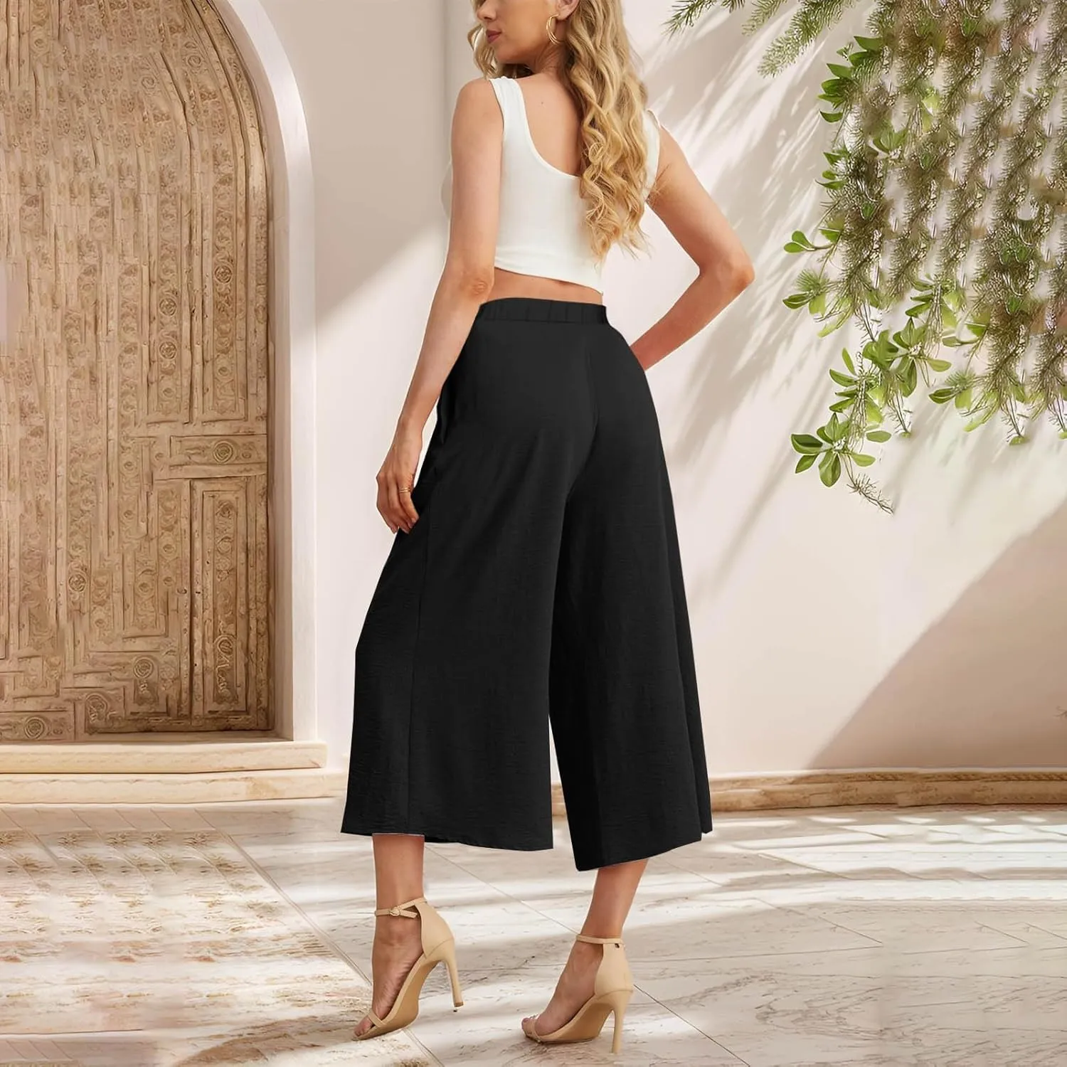 Womens Flowy Linen Pants with Pockets Casual Palazzo Trousers for Women Ladies Wide Leg Beach Loose Capris Flare Pant