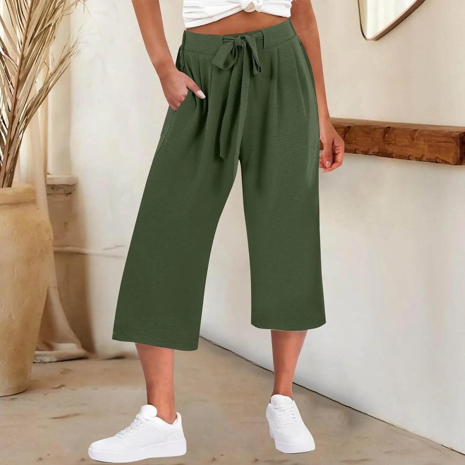 Womens Flowy Linen Pants with Pockets Casual Palazzo Trousers for Women Ladies Wide Leg Beach Loose Capris Flare Pant
