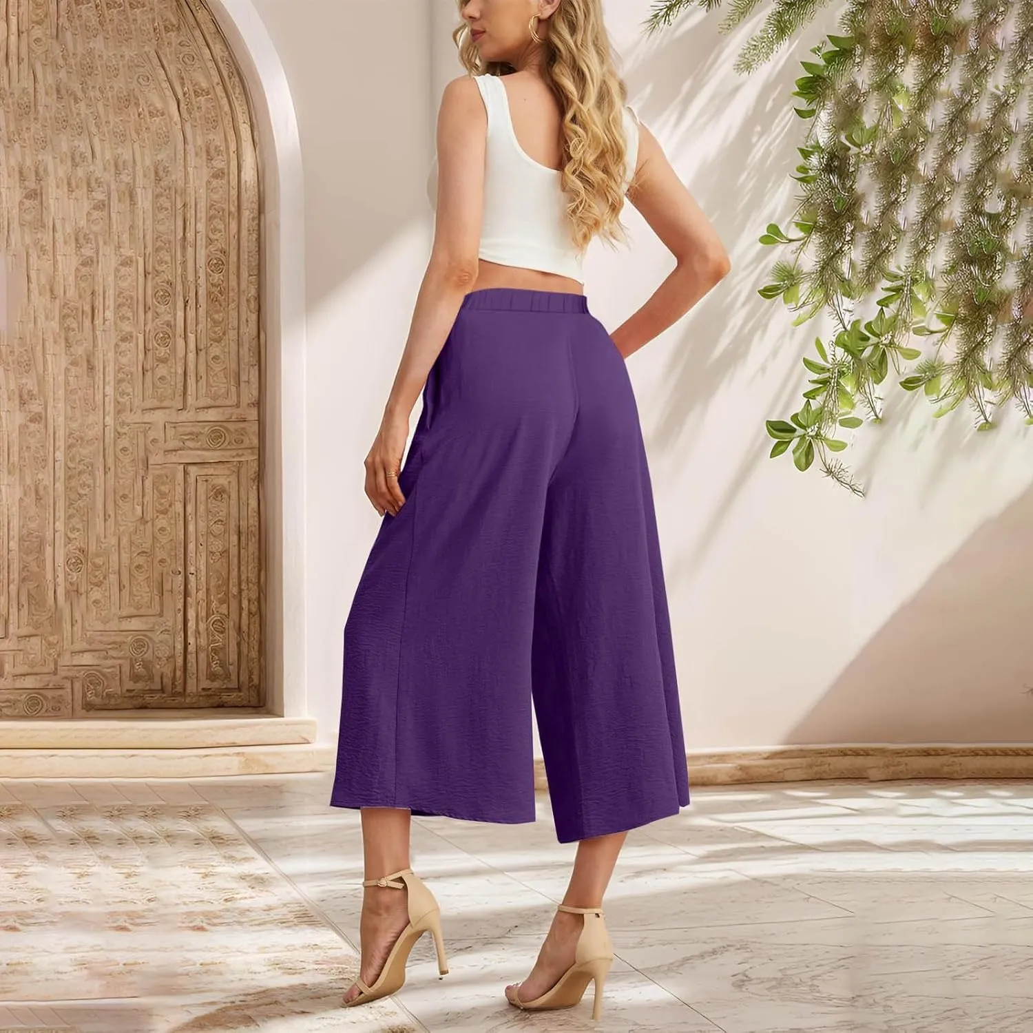 Womens Flowy Linen Pants with Pockets Casual Palazzo Trousers for Women Ladies Wide Leg Beach Loose Capris Flare Pant