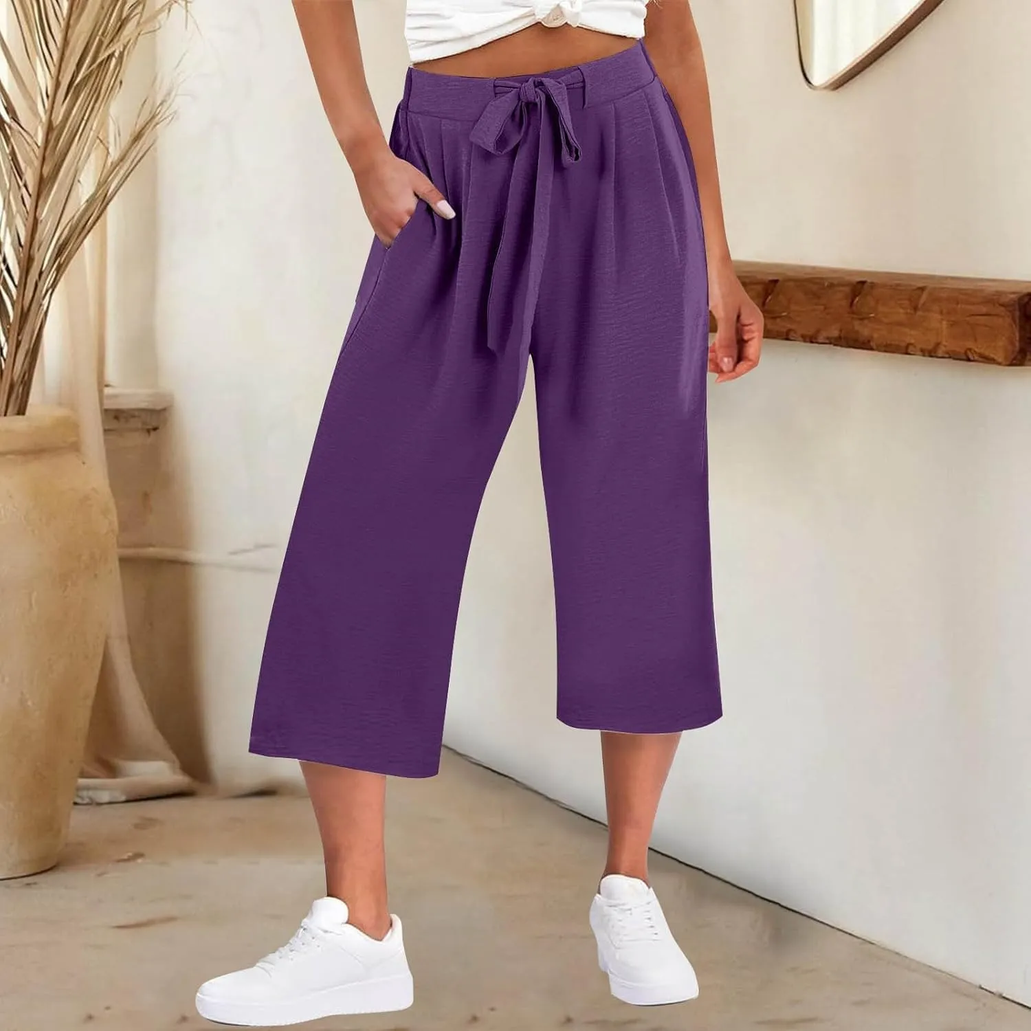 Womens Flowy Linen Pants with Pockets Casual Palazzo Trousers for Women Ladies Wide Leg Beach Loose Capris Flare Pant
