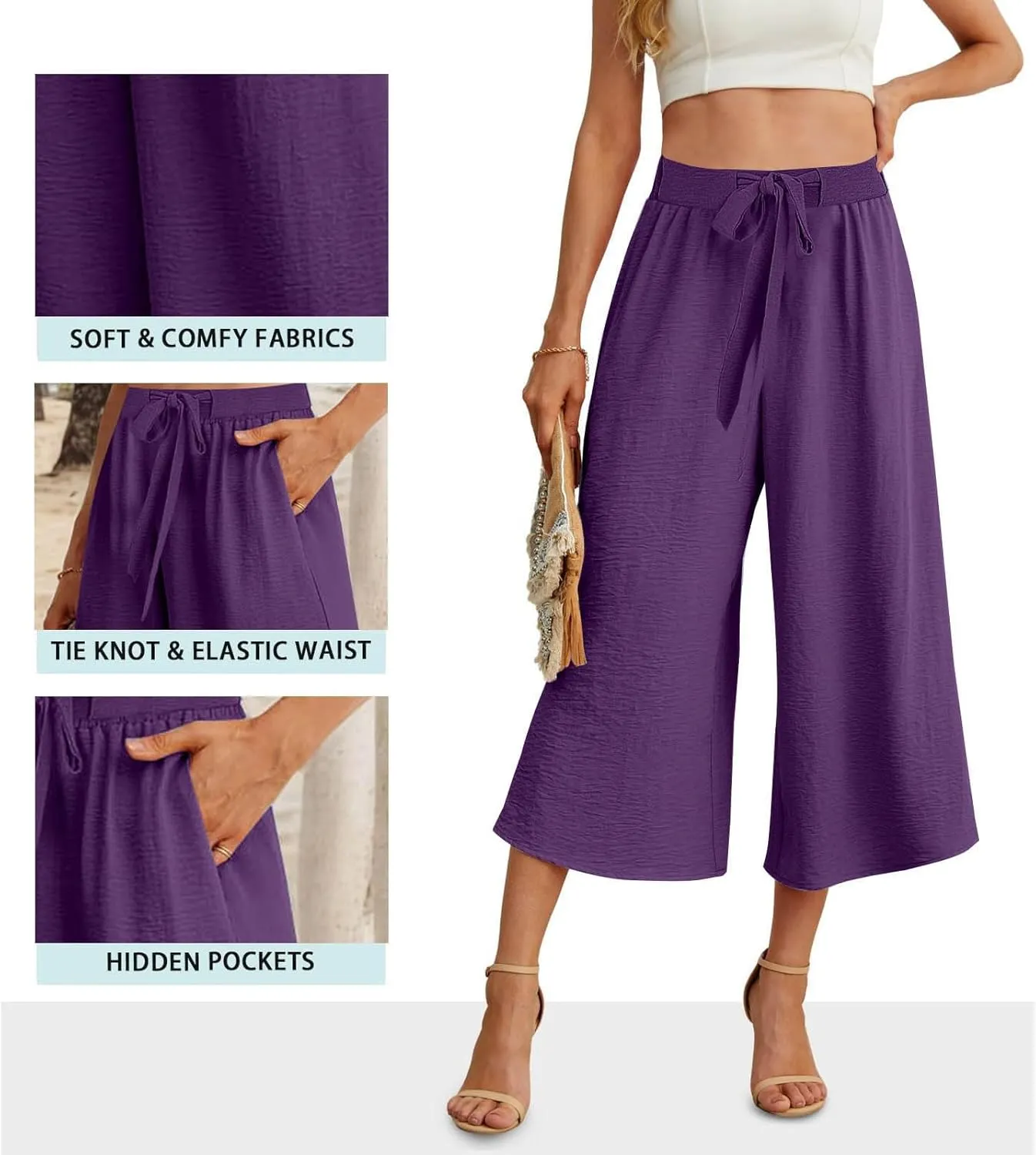 Womens Flowy Linen Pants with Pockets Casual Palazzo Trousers for Women Ladies Wide Leg Beach Loose Capris Flare Pant