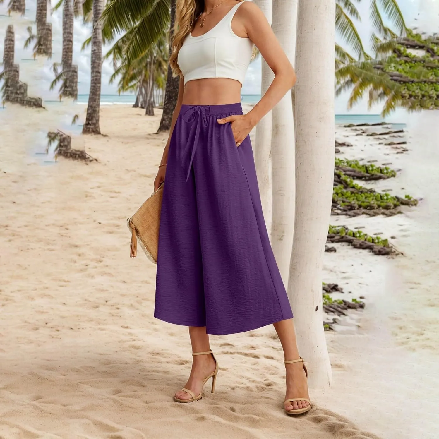 Womens Flowy Linen Pants with Pockets Casual Palazzo Trousers for Women Ladies Wide Leg Beach Loose Capris Flare Pant